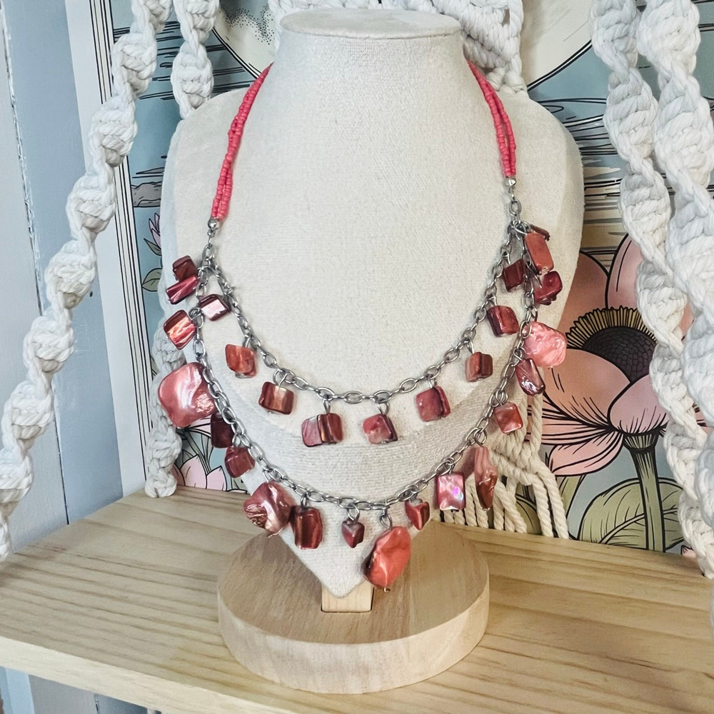 Pink Dyed Shell Beaded Necklace |‎ Layered Colorful Jewelry